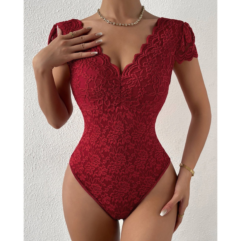 New European and American solid color lace lace perspective deep V backless niche design sense onesie.30.169
