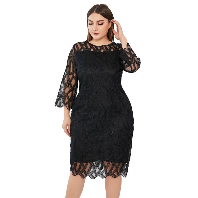 New fat lady dress face embroidered double solid color round neck Europe and the United States foreign trade plus-size dress.28.157
