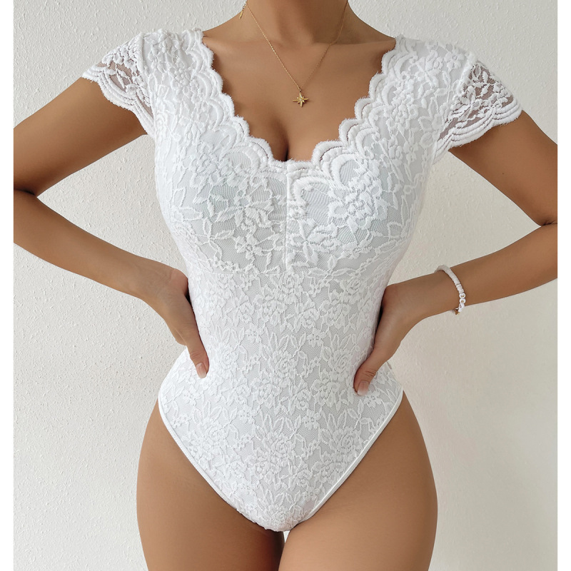 New European and American solid color lace lace perspective deep V backless niche design sense onesie.30.169