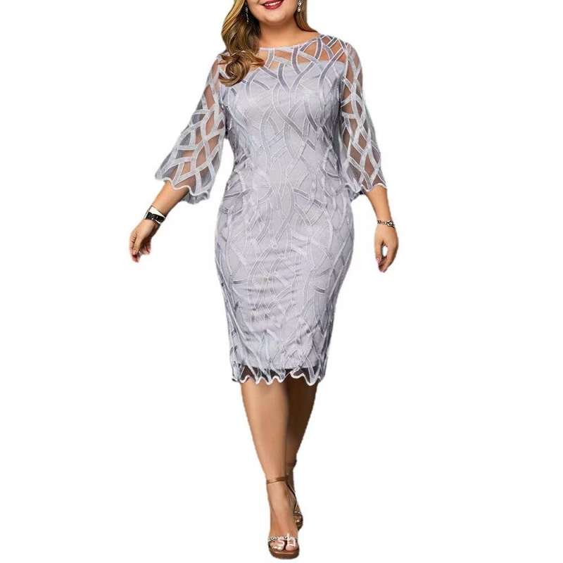New fat lady dress face embroidered double solid color round neck Europe and the United States foreign trade plus-size dress.28.157