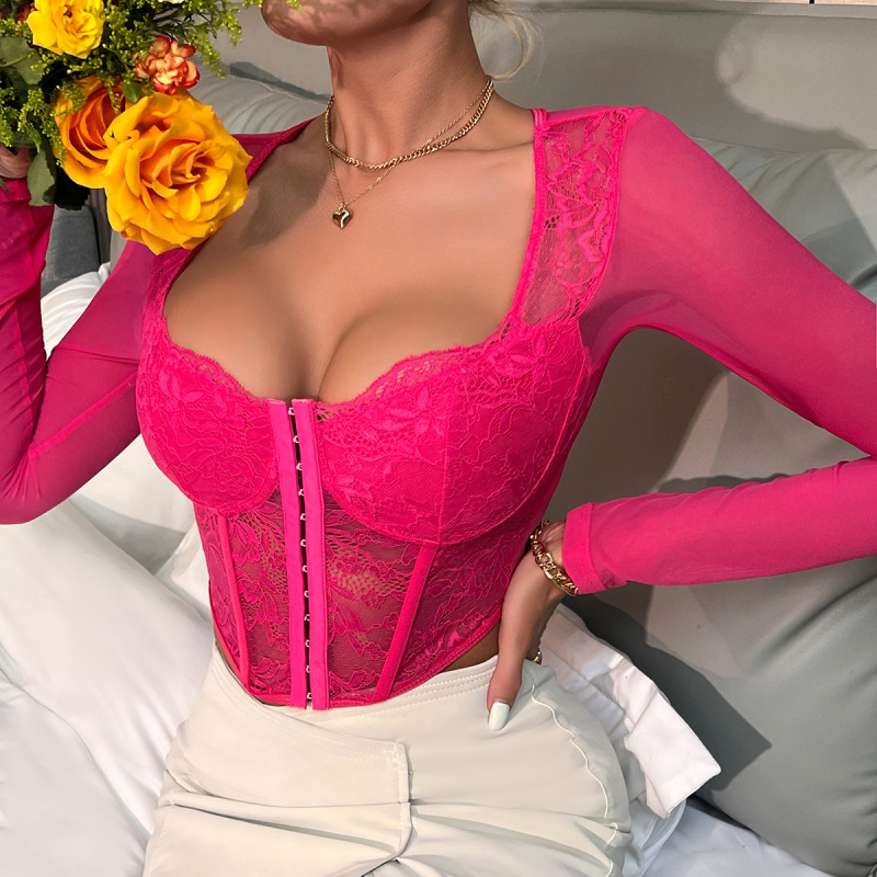 Foreign trade new cross-border sexy lace see-through mesh braised fishbone corset V-neck spice girl top female 30.171