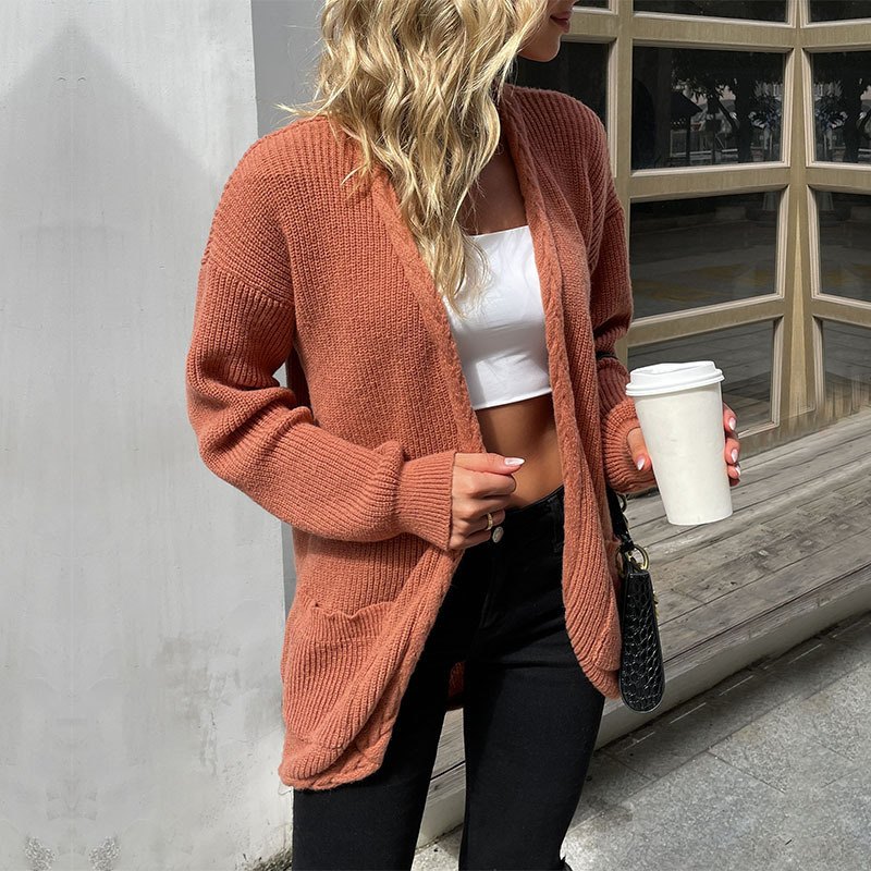 Independent station foreign trade 2023 autumn and winter new European and American women's cross-border solid color sweater coat length 001.4