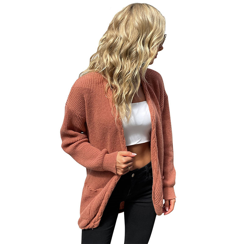 Independent station foreign trade 2023 autumn and winter new European and American women's cross-border solid color sweater coat length 001.4