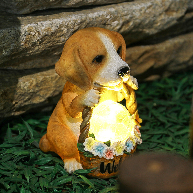 Welcome Sign Cute Puppy with Flower Basket Resin Smile Dog Garden Ornament Statue LED Night Lamp Crafts Handicrafts Outdoor Resin Dog Statue with Glass Crack Ball Lamp for Yard Patio Pathway Decoration