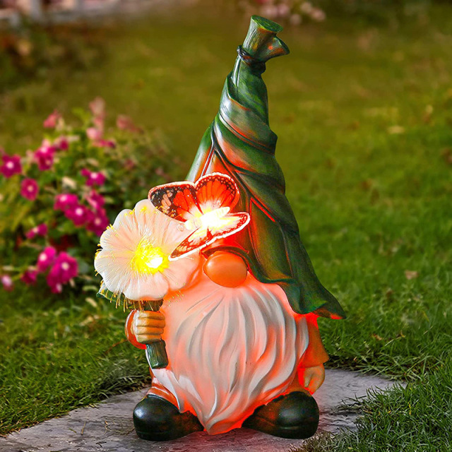 Garden Resin Gnome with Solar LED Lamp Flower Butterfly Light Dwarf Decorative Stuart Ornament for Patio Halloween Christmas Easter Decoration