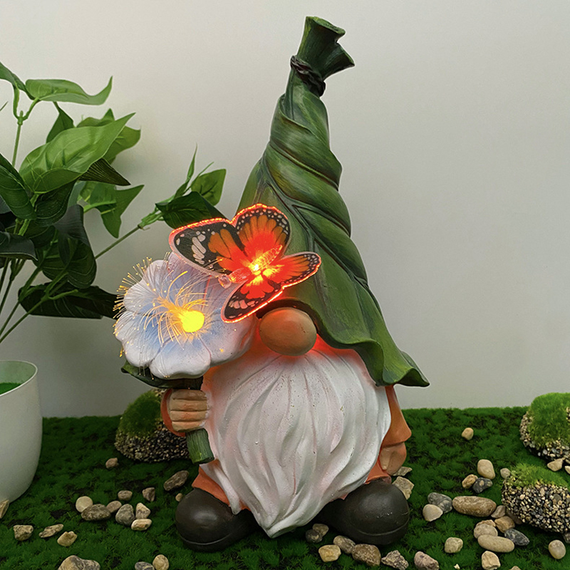 Garden Resin Gnome with Solar LED Lamp Flower Butterfly Light Dwarf Decorative Stuart Ornament for Patio Halloween Christmas Easter Decoration