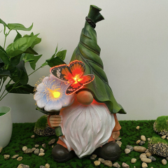 Garden Resin Gnome with Solar LED Lamp Flower Butterfly Light Dwarf Decorative Stuart Ornament for Patio Halloween Christmas Easter Decoration