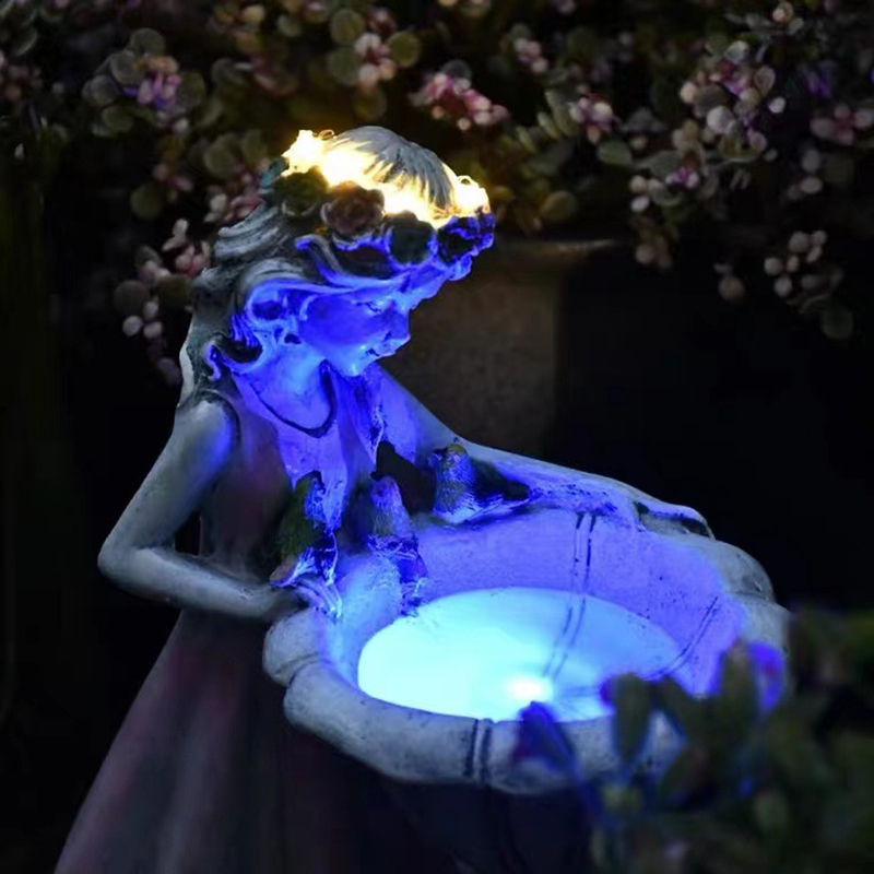 Big Size Figurine Resin Crafts Garden Ornament Flower Fairy Angel Little Girl Wear Flower Hat Solar Blue Light Sculpture Garden Statue For Home Yard Halloween Christmas Decoration