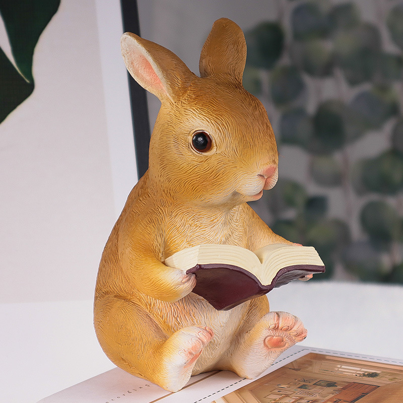 Resin Brown Wearing Mushroom Watermelon Hat Rabbit Cute Decorative Reading Book Bunny Handmade Sculpture for Easter Halloween Party Christmas Decoration