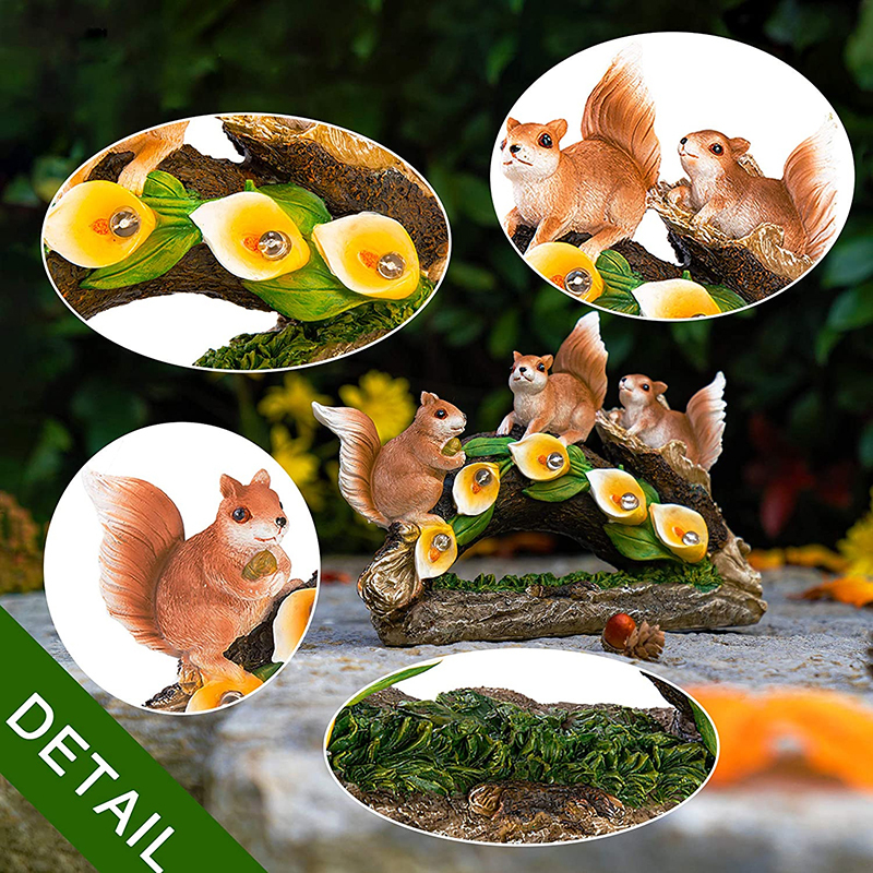 Outdoor Solar Three Resin Squirrels Statue Waterproof Cute Animal Figurines with Garden Light Decoration for Kids Housewarming