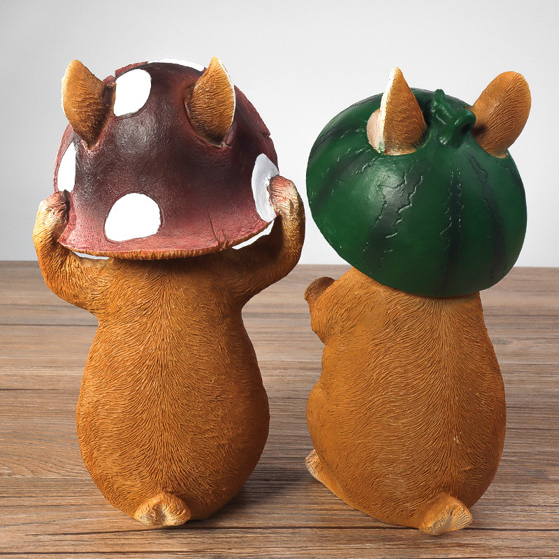 Resin Brown Wearing Mushroom Watermelon Hat Rabbit Cute Decorative Reading Book Bunny Handmade Sculpture for Easter Halloween Party Christmas Decoration