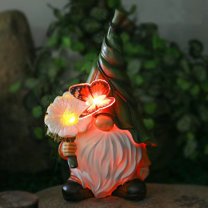 Garden Resin Gnome with Solar LED Lamp Flower Butterfly Light Dwarf Decorative Stuart Ornament for Patio Halloween Christmas Easter Decoration