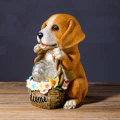 Welcome Sign Cute Puppy with Flower Basket Resin Smile Dog Garden Ornament Statue LED Night Lamp Crafts Handicrafts Outdoor Resin Dog Statue with Glass Crack Ball Lamp for Yard Patio Pathway Decoration