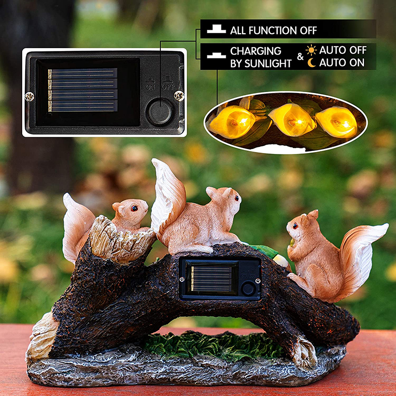 Outdoor Solar Three Resin Squirrels Statue Waterproof Cute Animal Figurines with Garden Light Decoration for Kids Housewarming