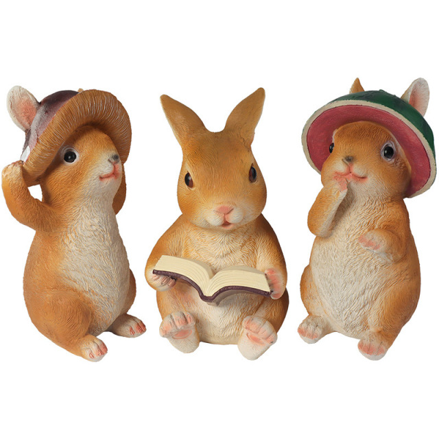 Resin Brown Wearing Mushroom Watermelon Hat Rabbit Cute Decorative Reading Book Bunny Handmade Sculpture for Easter Halloween Party Christmas Decoration