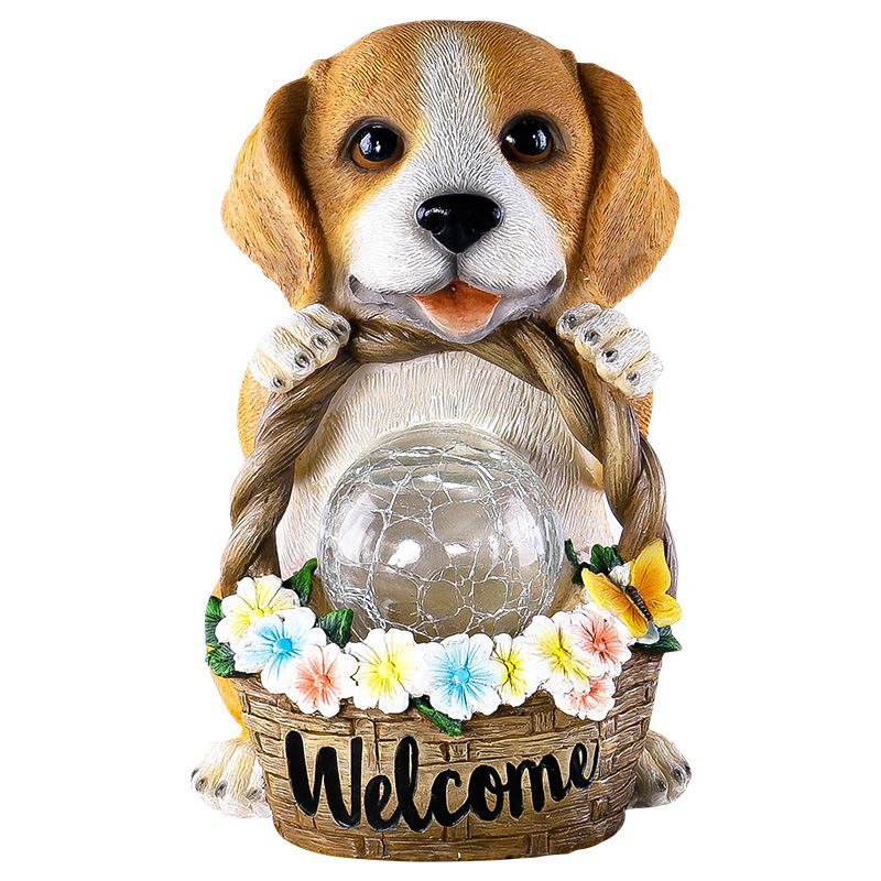 Welcome Sign Cute Puppy with Flower Basket Resin Smile Dog Garden Ornament Statue LED Night Lamp Crafts Handicrafts Outdoor Resin Dog Statue with Glass Crack Ball Lamp for Yard Patio Pathway Decoration