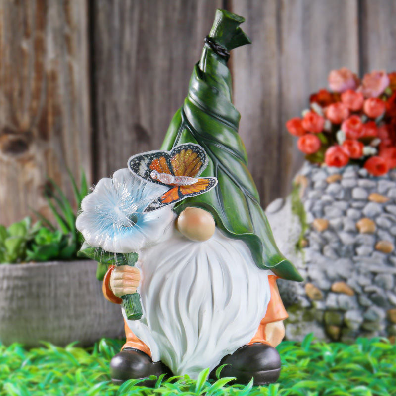 Garden Resin Gnome with Solar LED Lamp Flower Butterfly Light Dwarf Decorative Stuart Ornament for Patio Halloween Christmas Easter Decoration