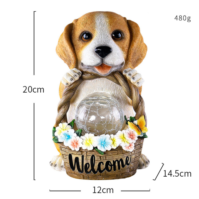 Welcome Sign Cute Puppy with Flower Basket Resin Smile Dog Garden Ornament Statue LED Night Lamp Crafts Handicrafts Outdoor Resin Dog Statue with Glass Crack Ball Lamp for Yard Patio Pathway Decoration