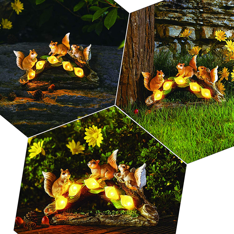 Outdoor Solar Three Resin Squirrels Statue Waterproof Cute Animal Figurines with Garden Light Decoration for Kids Housewarming
