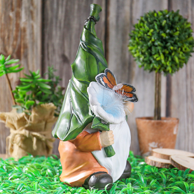 Garden Resin Gnome with Solar LED Lamp Flower Butterfly Light Dwarf Decorative Stuart Ornament for Patio Halloween Christmas Easter Decoration