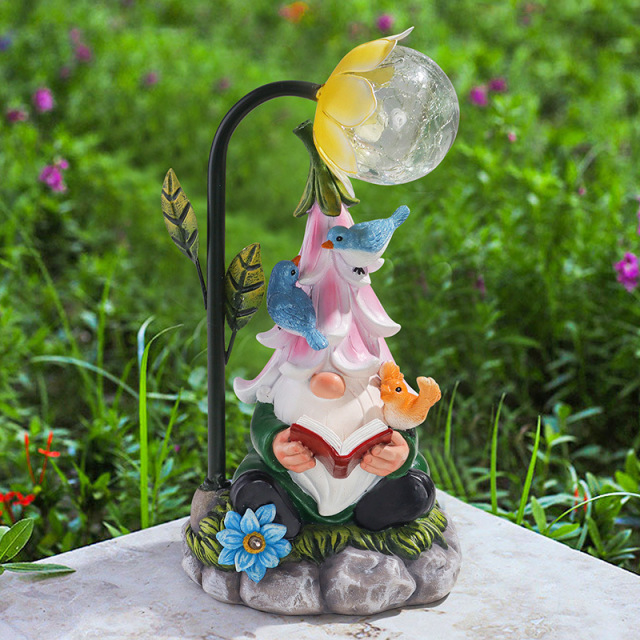 Decorative Reading Book Dwarf Statue Solar RGB LED Flower Light Resin Gnome Figurine Lamp for Lawn Porch Landscape Halloween