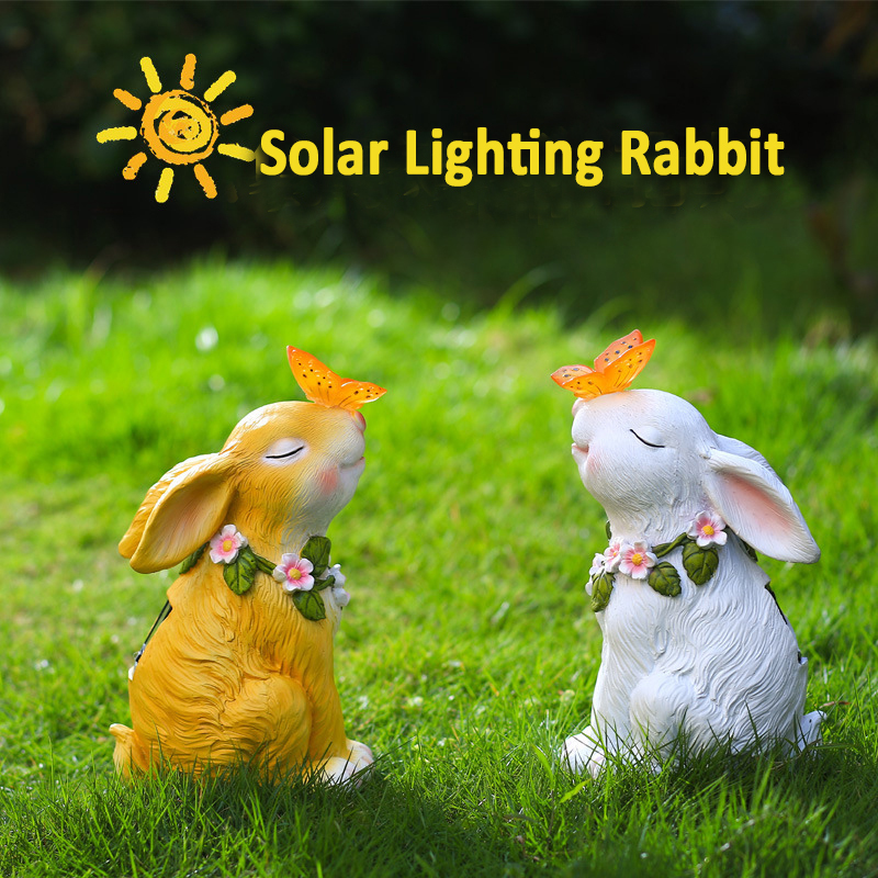 Solar Bunny Ornaments Light Sun Protection Resin Rabbit Butterfly Sculpture Lighting Lamp Durable Waterproof for Balcony Garden Lawn