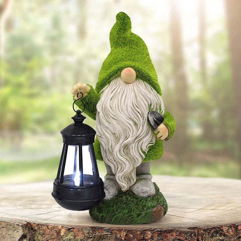 Solar Flocking Dwarf Caring Shovel Spade Garden Statue Gnome Figurine with Lantern Outdoor Lawn Decor Flocked for Patio Balcony Yard Ornament Unique Housewarming Gift Lovers Celebration