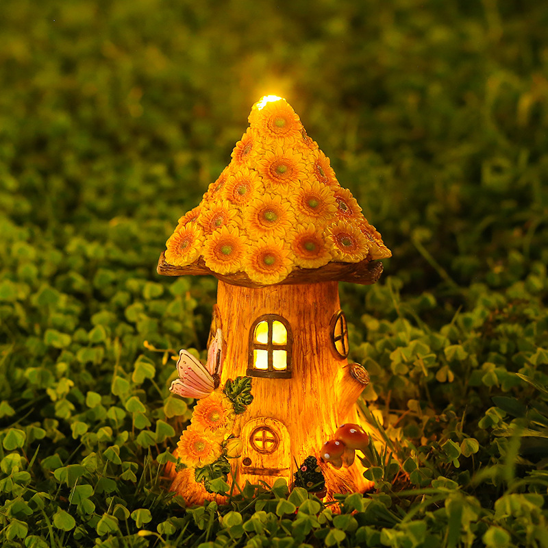 Solar Resin Yellow Sunflower Lighting Tree House Decorative Ornaments for Easter Festival Garden Villa Lawn Courtyard Decoration