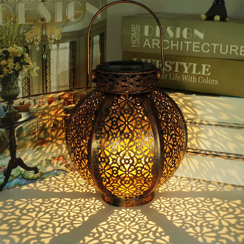 Solar Europe Style LED Lantern Waterproof Portable Table Light Moroccan Outdoor Iron Metal Hollow Carved Pattern Brown Black Lamp with Handle