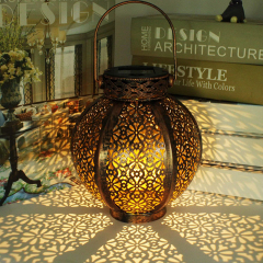 Solar Europe Style LED Lantern Waterproof Portable Table Light Moroccan Outdoor Iron Metal Hollow Carved Pattern Brown Black Lamp with Handle