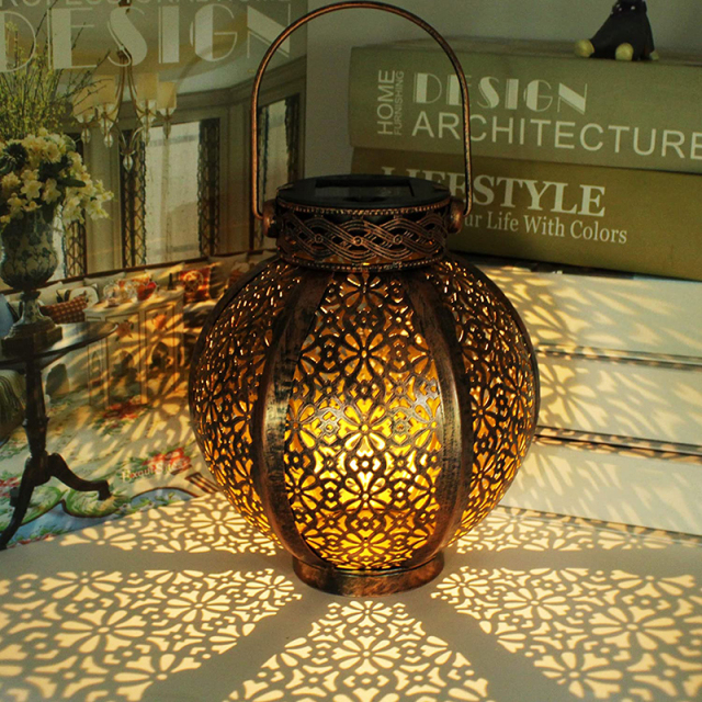 Solar Europe Style LED Lantern Waterproof Portable Table Light Moroccan Outdoor Iron Metal Hollow Carved Pattern Brown Black Lamp with Handle
