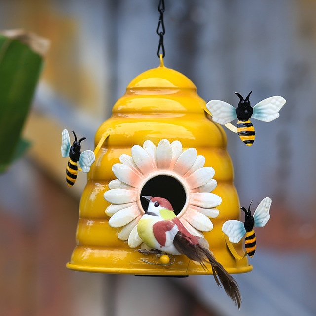 Yellow Metal Iron Decorative Honeybee Flower Design Bird Baby Breeding Nest Home for Bee Birds Butterfly Cuckoo Robin Parrots Finch Yellow