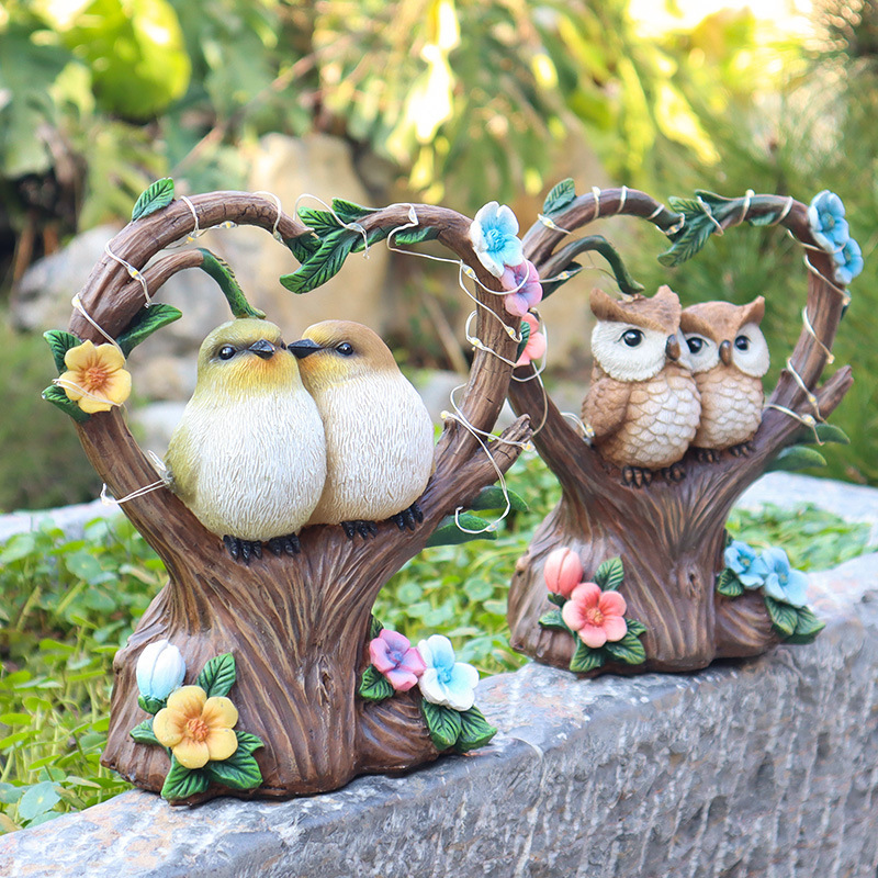 Heart Shaped Resin Flower Branch Love Couple Birds Lover Owls with Solar String Night Light Artificial Two Birds Creative LED Lamp for Garden Yard Balcony Park Yard Decoration Display Ornament Gifts