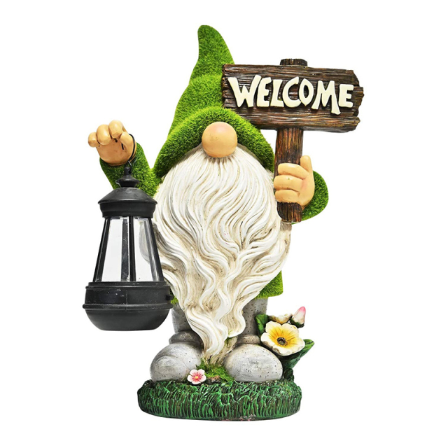 Welcome Dwarf Caring Solar Light Resin Flocked Gnome Elves Statue with Lantern for Outdoor Kids Housewarming Party Halloween Gift