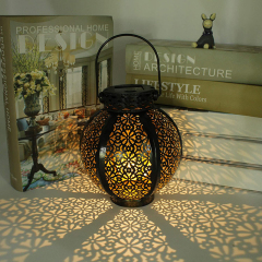 Solar Europe Style LED Lantern Waterproof Portable Table Light Moroccan Outdoor Iron Metal Hollow Carved Pattern Brown Black Lamp with Handle