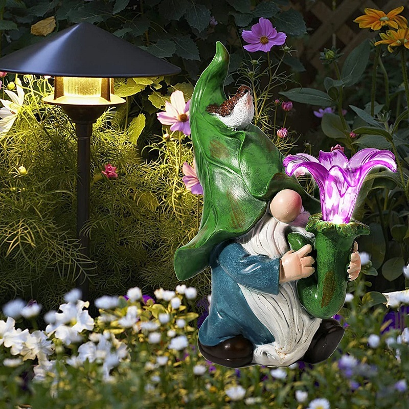 Garden Decorative Resin Dwarf with Morning Trumpet Flower Gnome Cute Elves Figurine for Friend Lovers Kids Birthday Outdoor Gift