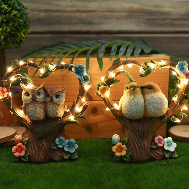 Heart Shaped Resin Flower Branch Love Couple Birds Lover Owls with Solar String Night Light Artificial Two Birds Creative LED Lamp for Garden Yard Balcony Park Yard Decoration Display Ornament Gifts