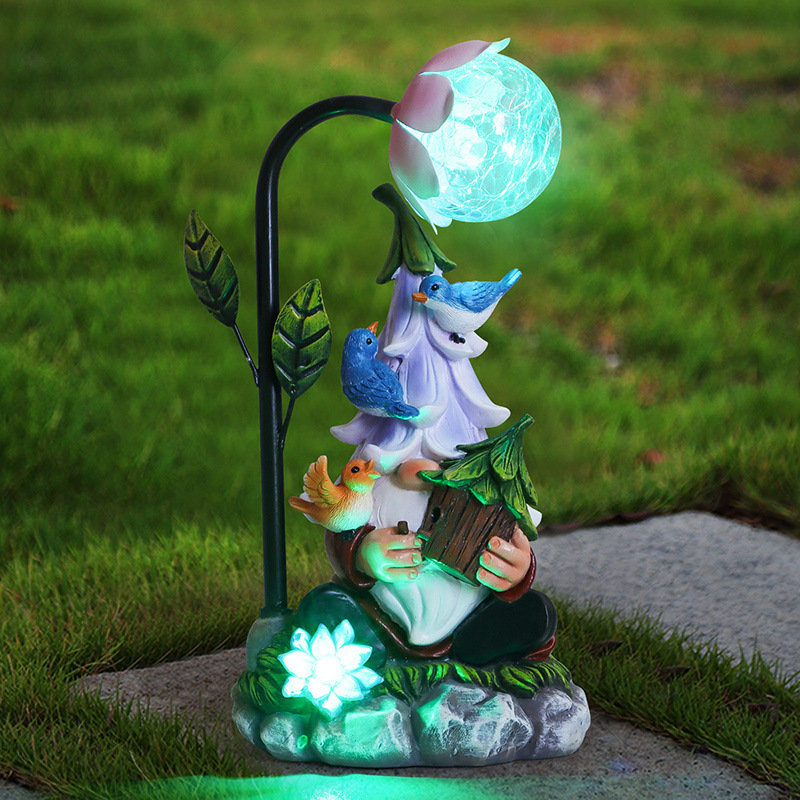 Decorative Reading Book Dwarf Statue Solar RGB LED Flower Light Resin Gnome Figurine Lamp for Lawn Porch Landscape Halloween