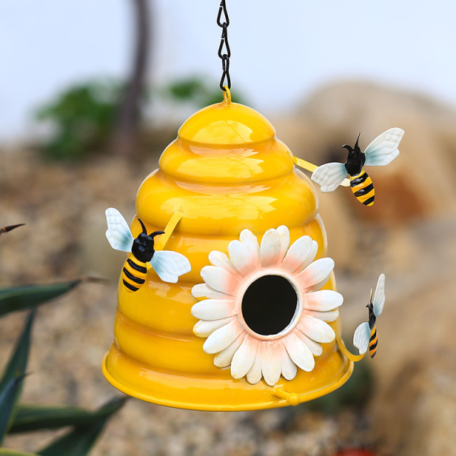 Yellow Metal Iron Decorative Honeybee Flower Design Bird Baby Breeding Nest Home for Bee Birds Butterfly Cuckoo Robin Parrots Finch Yellow
