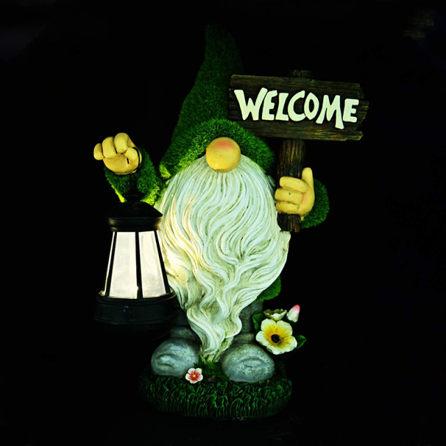 Welcome Dwarf Caring Solar Light Resin Flocked Gnome Elves Statue with Lantern for Outdoor Kids Housewarming Party Halloween Gift