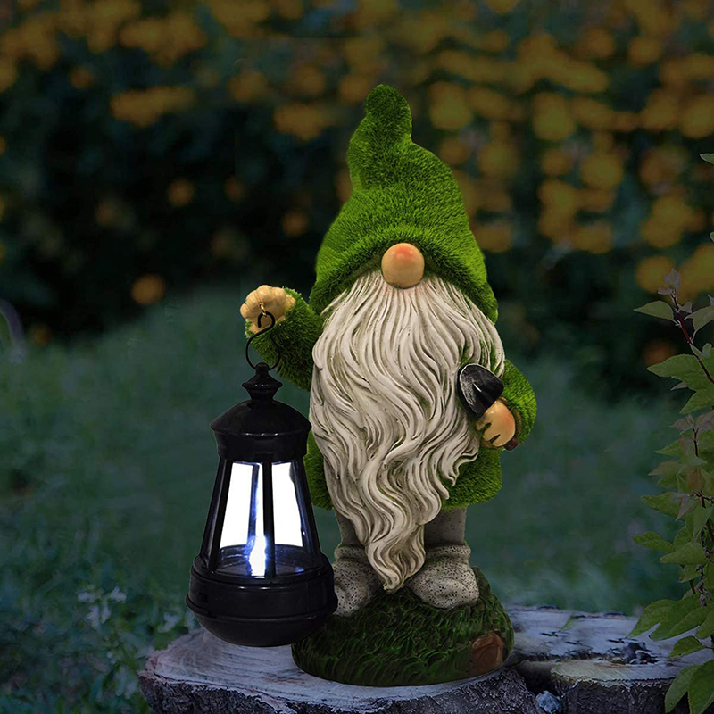 Solar Flocking Dwarf Caring Shovel Spade Garden Statue Gnome Figurine with Lantern Outdoor Lawn Decor Flocked for Patio Balcony Yard Ornament Unique Housewarming Gift Lovers Celebration