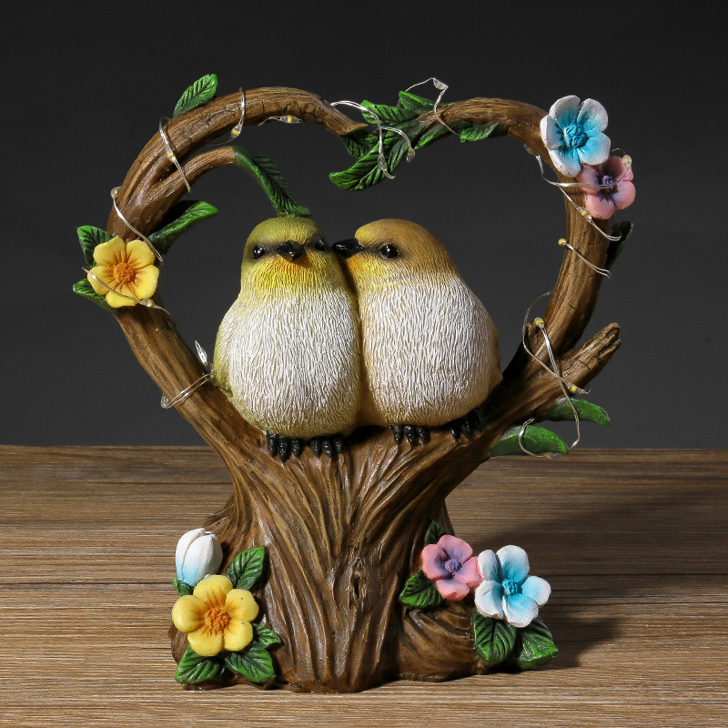 Heart Shaped Resin Flower Branch Love Couple Birds Lover Owls with Solar String Night Light Artificial Two Birds Creative LED Lamp for Garden Yard Balcony Park Yard Decoration Display Ornament Gifts