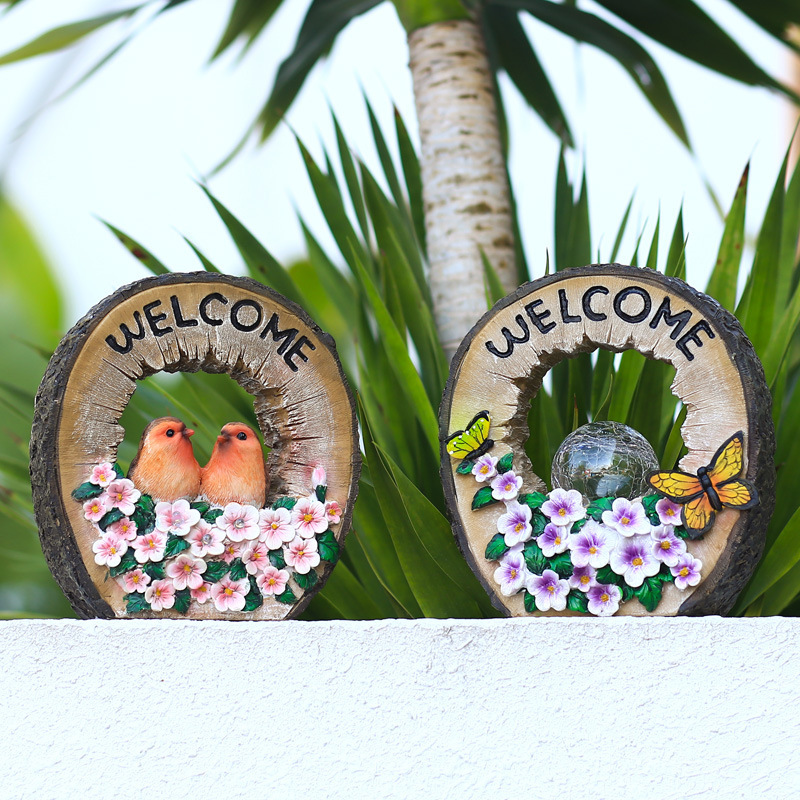 Resin Butterfly Purple Flower Solar Crack Glass Ball LED Light with Welcome Sign board for Garden Housewarming Party Decoration