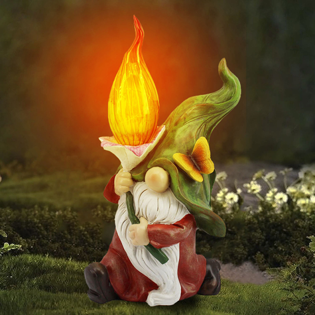 Garden Resin Lighting Gnome Statue Dwarf Figurine Carrying Magic Flame Torch with Solar LED Lights Winter Decorations for Patio Lawn Christmas Easter Halloween