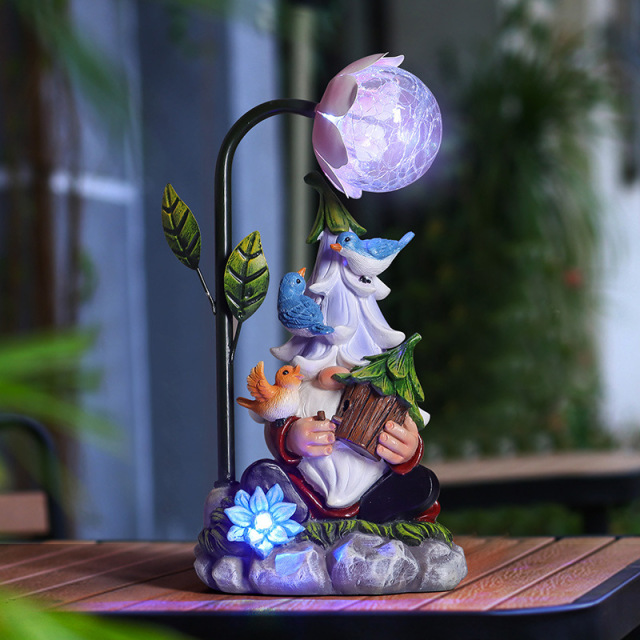 Decorative Reading Book Dwarf Statue Solar RGB LED Flower Light Resin Gnome Figurine Lamp for Lawn Porch Landscape Halloween