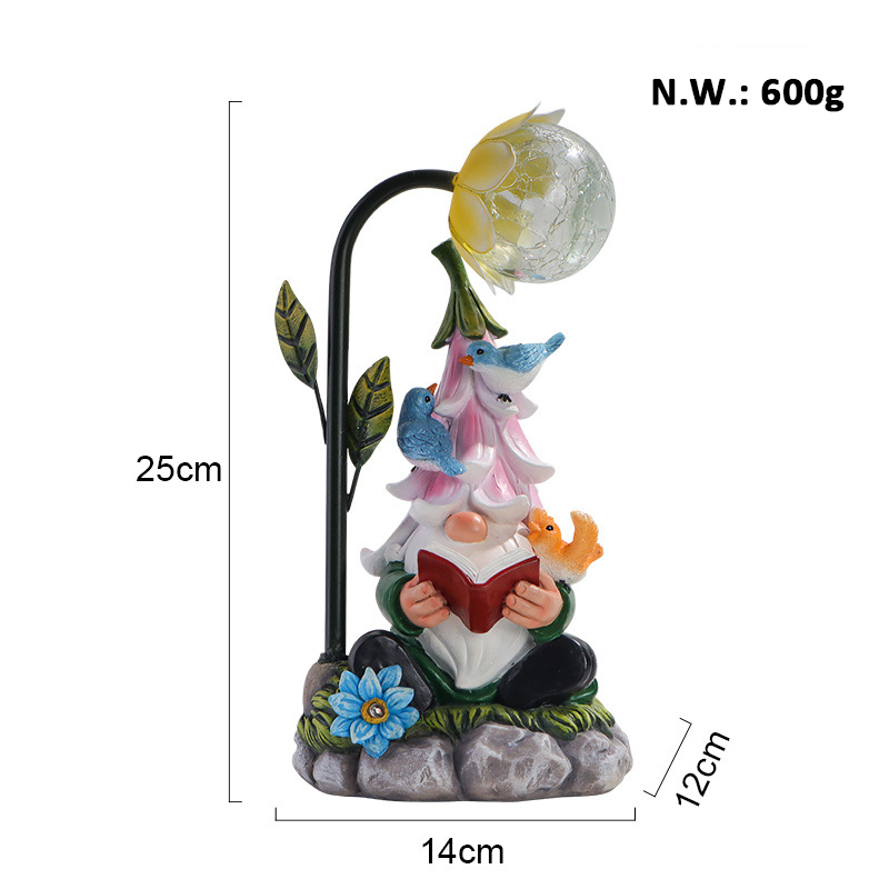 Decorative Reading Book Dwarf Statue Solar RGB LED Flower Light Resin Gnome Figurine Lamp for Lawn Porch Landscape Halloween