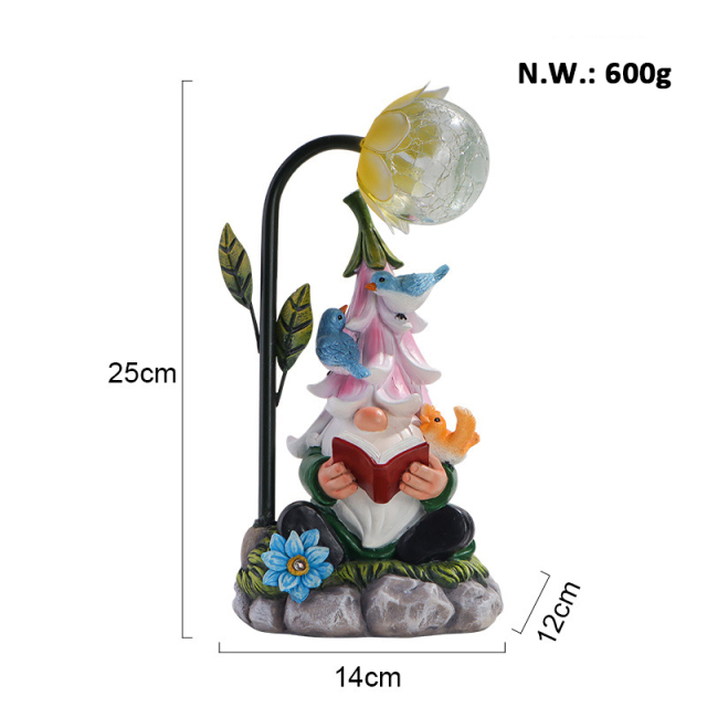 Decorative Reading Book Dwarf Statue Solar RGB LED Flower Light Resin Gnome Figurine Lamp for Lawn Porch Landscape Halloween