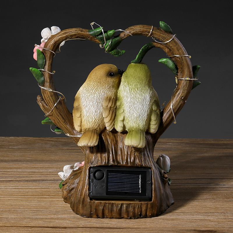 Heart Shaped Resin Flower Branch Love Couple Birds Lover Owls with Solar String Night Light Artificial Two Birds Creative LED Lamp for Garden Yard Balcony Park Yard Decoration Display Ornament Gifts