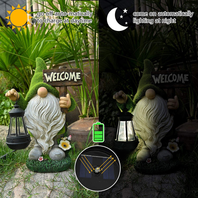 Welcome Dwarf Caring Solar Light Resin Flocked Gnome Elves Statue with Lantern for Outdoor Kids Housewarming Party Halloween Gift