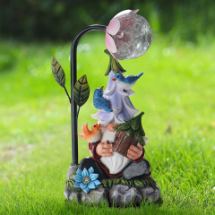 Decorative Reading Book Dwarf Statue Solar RGB LED Flower Light Resin Gnome Figurine Lamp for Lawn Porch Landscape Halloween